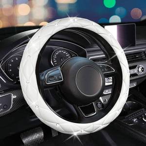 lot 18002 image: Steering Wheel Cover, Auto Cute PU Diamond Bling Breathable Soft Comfort Leather Car Interior Accessories Sparkly Fit Most O-Shaped Steering Wheels for Women Men (White) - Retail $14
