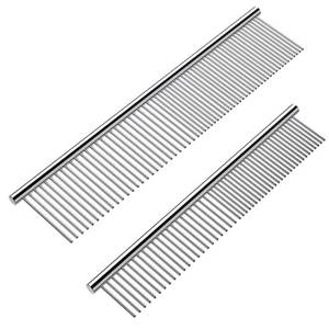 lot 18004 image: 2 Pack Dog Combs with Rounded Ends Stainless Steel Teeth, Cat Comb for Removing Tangles and Knots, Professional Grooming Tool for Long and Short Haired Dog, Cat and other pets, 6.3IN7.4IN - Retail $7