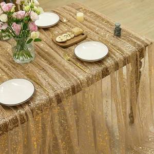 lot 18011 image: Coffee Gold Gauze Tablecloth 60x140 Inch Rectangular, Golden Sequin Glitter Metallic Foil, Sheer Tulle Cheesecloth for Wedding Baby Shower Ceremony Birthday - Retail $17