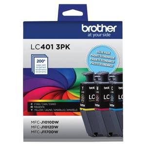 lot 18023 image: Brother Genuine LC401 Standard Yield 3-Pack Ink Cartridges ��� Includes 1 Cartridge Each of Cyan, Magenta and Yellow , 3 Count (Pack of 1) - Retail $30