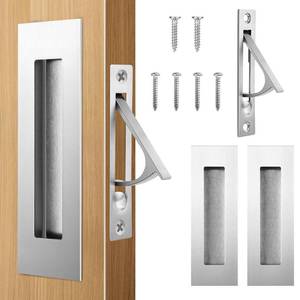 lot 18065 image: Pocket Door Hardware Set �� 2 Recessed Flush Finger Pulls & 1 Edge Pull, Made of 304 Stainless Steel, Template Included, Silver. - Retail $22