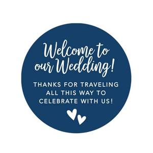 lot 38421 image: Andaz Press Out of Town Bags Round Circle Gift Labels Stickers, Welcome to Our Wedding Thanks for Traveling to Celebrate with Us, Navy Blue, 40-Pack, for Destination OOT Gable Boxes - Retail $3