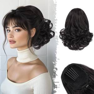 lot 38462 image: Drawstring Ponytail Extension - 10 Inch Short Wavy Black Brown Ponytail Extensions for Women - Synthetic Comb Clip in Ponytail Hairpieces Fake Pony Tails Daily - Black Brown - Retail $18