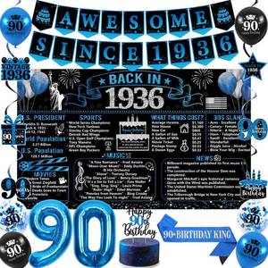 lot 38463 image: Back in 1936 Birthday Decorations for Men, 20PCS Black Blue 90th Birthday Party Supplies, Blue Back in 1936 Poster Banner, Sash, 90th Cake Topper, Latex Balloon, 90 Year Old Set - Retail $20