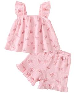 lot 38464 image: Toddler Girl Clothes Toddler Girls Summer Outfits Ruffled Sleeve Shirt Tops and Shorts Set Outfits 18-24 months Girl Clothing - Retail $10