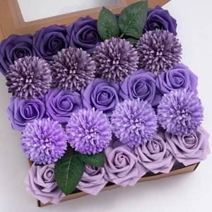 lot 38474 image: Purple Flower Artificial Roses Faux Flowers with Stems Mix Fake Roses Dahlia Chrysanthemum Ball for Wedding Bridal Bouquets, Table Centerpieces, Baby Shower, Party, Home Decorations - Retail $20