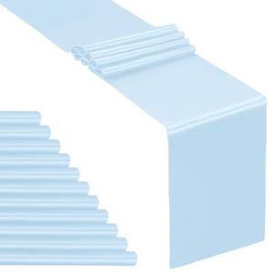 lot 38479 image: 12 Pcs Light Blue Satin Table Runner 12 x 108 inches Long, Bright Smooth Satin Wedding Table Runner Decorations for Birthday Parties, Buffet, Banquets, Graduations, Engagements - Retail $22