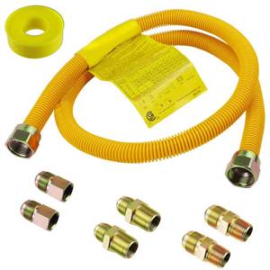 lot 38482 image: 72 Flexible Gas Line Kit for Dryer, Stove, Range, Stainless Steel Gas Dryer Connector Kit, Fitting size 12 FIP & 12 MIP & 34 MIP Fitting, Not Fit All Appliance - Retail $26