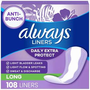 lot 38487 image: Always Panty Liners for Women Anti-Bunch Xtra Protection Daily Liners, Long, Unscented, 108 Count - Retail $9
