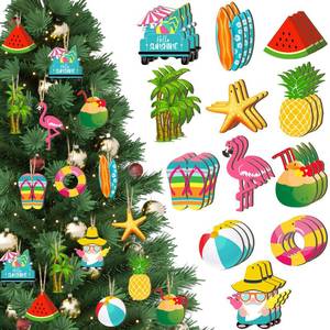 lot 38491 image: 36 Pcs Summer Wood Hanging Ornaments for Tree Christmas in July Mini Tree Decorations Hawaiian Beach Wooden Pendant Decorations with String for Luau Party Supplies(Classical) - Retail $9