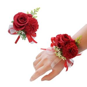 lot 38525 image: 2PCS Rose Flower Wrist Corsage Boutonniere Set Handmade Artificial Corsage Set Bride Hand Flower Men Boutonniere for Wedding Party Prom Decorations (Red)�� - Retail $9