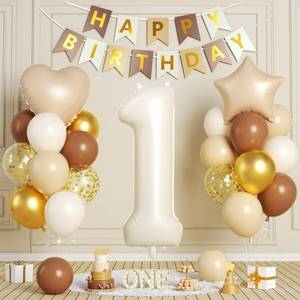 lot 38532 image: 1st Birthday Decorations, 40 Inch Cream Number 1 Balloon, 18 Inch Foil Heart Star Balloons, Brown Gold Balloon, Happy Birthday Banner Set for Baby Boys Girls One Year Old Boho Neutral Party Decoration - Retail $10
