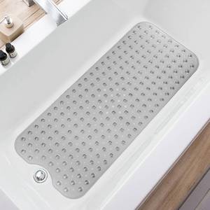 lot 38544 image: Bathtub Mats for Shower Tub, Extra Long Non-Slip 39 x 16 Inch Bath Mat with Drain Holes and Suction Cups, BathMat for Bathroom with Machine Washable (Clear Grey) - Retail $10