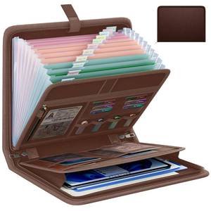 lot 38559 image: Fireproof Accordion File Organizer, Portable Expanding File Folder with Waterproof Zipper&Labels, Brown Document Organizer with 13 Pockets, File Organizer for Important DocumentPaper Storage - Retail $30