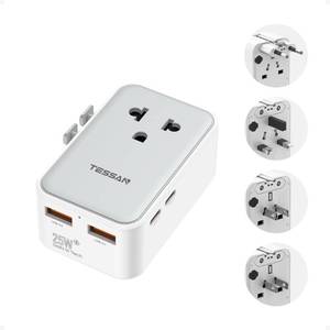 lot 38564 image: Universal Travel Adapter PD 25W, Ultra Thin International Power adapter Fast Charger, Worldwide Plug Adaptor with 2 USB A 2 USB C for US to European UK Australia Ireland (Type C G A I) - Retail $18