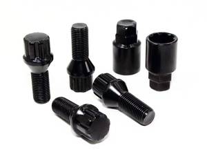 lot 38588 image: Set of 4 14x1.25mm Black Wheel Bolt Locks w 2 Keys 28mm Shank Length Conical Seat for BMW Mini Factory OEM or Aftermarket Wheels VPE-41825BKN2 - Retail $33