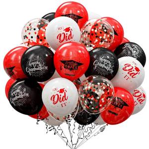 lot 38597 image: 75 Pack Graduation Party Decorations Balloons Set - 12 Inch Black Red Confetti Grad Balloons with Ribbons for Graduation Party Decoration Supplies - Retail $6