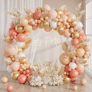 lot 38598 image: Peach Balloon Arch, Peach Balloons 125pcs with Pastel Orange Nude White Pearl Rose Gold Metallic Gold Confetti Balloons for Boho Baby Shower Bridal Wedding Mothers Day Birthday Party Decorations - Retail $9