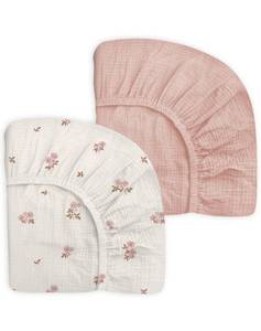 lot 38600 image: Pack and Play Sheets for Baby Boy and Girl 2 Pack, Neutral Muslin Cotton Pack N Play Mattresses Sheet 27x39, Muslin Nursery Bedding Soft and Breathable Comfort (Vintage Blossom & Pink) - Retail $23