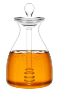 lot 38601 image: Honey Dispenser Glass Honey Pot Honey Jar with Dipper Sticks and Lid Cover Honey Containers Holder for Home Kitchen, 14 Ounces - Retail $17