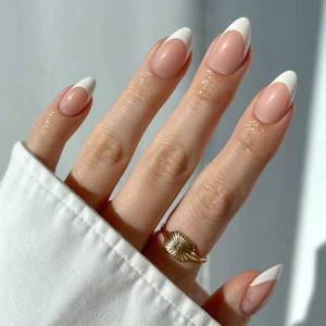 lot 38639 image: Press On Nails - MaDamn  French Tip UV Finish Short Pointed Almond Fake Nails, Salon Quality Semi-Transparent Nails in 12 Sizes - 24 Nail Kit with Glue - Retail $16