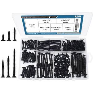 lot 38642 image: 209pcs Black Wood Screw Assortment Kit, 6 Sizes Flat Head Phillips - Retail $9