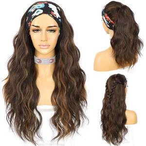 lot 38652 image: Glueless Headband Wig Loose Body Wavy Synthetic Hair Wigs for Black Women Wave None Lace Front Wigs Mix Brown Color Machine Made Wigs 150% Density 26inch - Retail $27