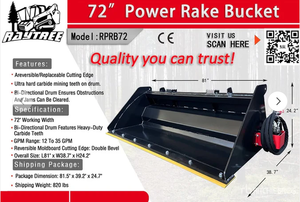 lot 59032 image: 72 Inch Hydraulic Bucket WITH Power Rake for Skid Steer Loaders RayTree (Model RMRB72)