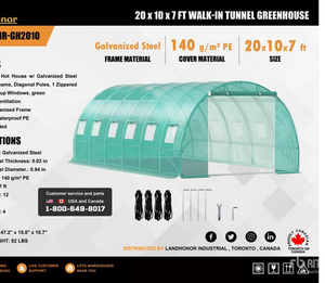 lot 61116 image: Landhonor  20 x 10 x 7 Ft  Walk-In Tunnel Greenhouse  LHR-GH2010