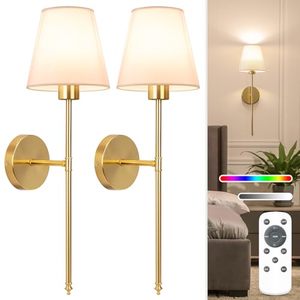 lot 101670 image: NIORSUN Battery Operated Wall Sconce Set of 2,Gold Rechargeable Wall Lights with 5200mAh Dimmable Bulbs and Remote,10 Colors Wireless Wall Lamps for Bedroom Living Room Hallway Decor