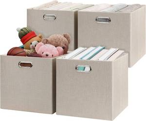 lot 101692 image: Posprica Storage Cube Basket Bins,13 13 Foldable Storage Boxes for Closet Organizer Shelf Cabinet Bookcase,Thick Fabric Drawer,Set of 4, Beige