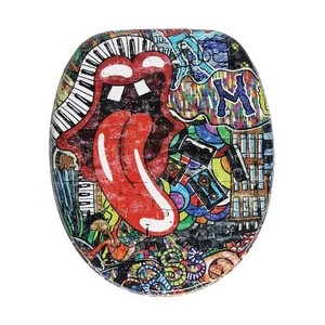 lot 101693 image: Sanilo 334 Round Molded Wood Toilet Seat with No Slam, Slow, Soft Close Lid, Stainless Steel Hinges, Unique Fun Decorative Design, Graffiti