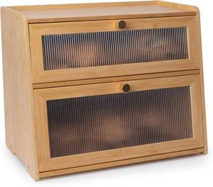 lot 101701 image: Bread Box with golden knobs Double Layer Vitamin Bottle Organizer  Grip Bottom Great Looking Metal Handle Back Removable Charging Station 100% Bamboo Orignial Design