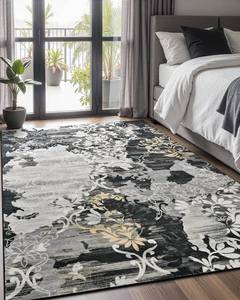 lot 201535 image: Washable Abstract Rug, 5x7 Black Floral Area Rugs with Non-Slip Rubber Backed for Bedroom, Low Pile Modern Throw Carpet Kitchen Living Room Decor