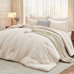 lot 201537 image: 7 Pieces California King Comforter Set, Soft Bed in a Bag Cal King Size, All Season Bedding Set with Comforter, Flat Sheet, Fitted Sheet, Pillowcases & Shams, Beige