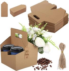 lot 201542 image: 50 Sets 4 Cup Drink Carrier with Handle, Disposable Cup Holder Cardboard, Coffee Cup Holders with Cards & Ropes, Takeout Beverage Holders, Serve Cold & Hot Drinks
