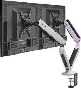lot 201554 image: Retails for $160 AVLT Dual 27-43 RGB Gaming Monitor Arm Desk Mount - White  Built-in 20 Lighting Modes Touch Button Control Fits FlatCurvedUltrawide Screen Height Swivel Tilt Rotation Adjustable