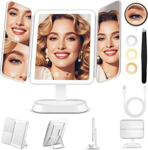 lot 201565 image: Makeup Mirror with Lights and 30X10X5X Magnification, Vanity Mirror with 3 Color Lights, Rechargeable, Detachable, Lighted Makeup Mirror with Magnification, Trifold Mirror, Gifts, White