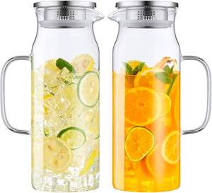 lot 201571 image: Bivvclaz 2 Pack 1.6 Liter 54 oz Glass Pitcher with Lid and Handle, Glass Carafe Water Pitcher for HotCold Water, Iced Tea, Drinks, Coffee, Juice and Homemade Beverage