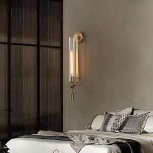 lot 201579 image: Gold Wall Lamp, Postmodern Brass and Glass Wall Sconce, Wall Light for Living Room Bedroom Bathroom Hallway, 28 Inch, Gold, Pack of 1