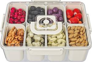 lot 301552 image: Divided Serving Tray with Lids and Handle, Snackle Box Charcuterie Container, Portable Snack Platters, 8 Compartments Snack Tray for Fruits, Nuts, Candy, Cookies, Party, Picnic, 1PCS