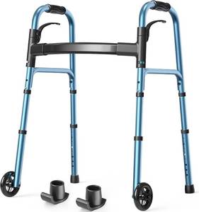 lot 301555 image: Walkers for Seniors, Folding Walker with 2 Skis and 5 Wheels  Lightweight Rolling Walker Supports Up to 350lbs, Adjustable Height, Adult Compact Standard Walkers with Aluminum Frame Blue