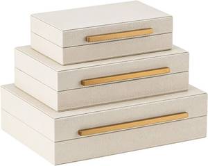 lot 301561 image: XIGEXIGE Faux Leather Large Modern Stackable Nesting Jewelry Box with Lids Organizer   Set of 3 Beige Shagreen Decorative Storage Boxes with Gold Metal Handles