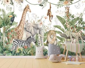 lot 301568 image: Retails for $116 HLNIUC Kids Room Jungle Wall Mural, Safari Animals Rainforest Wallpaper Mural for Bedroom, Kindergarten, Living Room, Nursery Room, Large Background Decor - 141 W x 96 H (Not Peel and Stick)