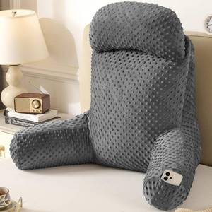 lot 301571 image: 23-inch Reading Pillow for Sitting in Bed Couch Adult, Back Pillow for Bed Sitting Up, Back-Rest Support Cushion with Pockets and Arms, Watching TV, Relaxing, Reading, Dark Grey