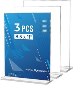 lot 301594 image: 3 Pack Acrylic Sign Holder 8.5 x 11 Inches, Vertical Flyer Display Stand  Clear Menu Holder Stand, Table Paper Holder, Desk Brochure Holder, Plastic Sign Display Stand for Restaurants, Office, Store