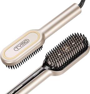 lot 301596 image: TYMO Hair Straightener Brush - Upgraded Ionic Plus Straightening Brush with Dense Bristles, 16 Temps, Dual Voltage  Ceramic Hot Comb for Women  Flat Iron for Thick Curly Hair, Gold