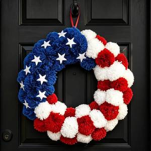lot 401497 image: Patriotic Wreath 18 Inch American Flag Wreath for Front Door, Americana Plush Ball Red White and Blue with Stars Decor for 4th of July Memorial Day Veterans Day