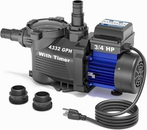 lot 401501 image: Retails for $129 AQUASTRONG 34 HP Above Ground Pool Pump with Timer, 1.25&1.5adapter, 115V, 4332GPH, High Flow, Powerful Self Primming Swimming Pool Pumps with Filter Basket
