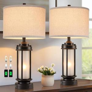 lot 401507 image: Retails for $110 AIEAMPDO 25 Set of 2 Modern Table Lamps for Bedroom with 2 USB CA Ports  Black Retro Industrial Metal Lamp with Glass Nightlight Desk Lamp for Living Room Bedside End Table Office, 4 Bulbs Included
